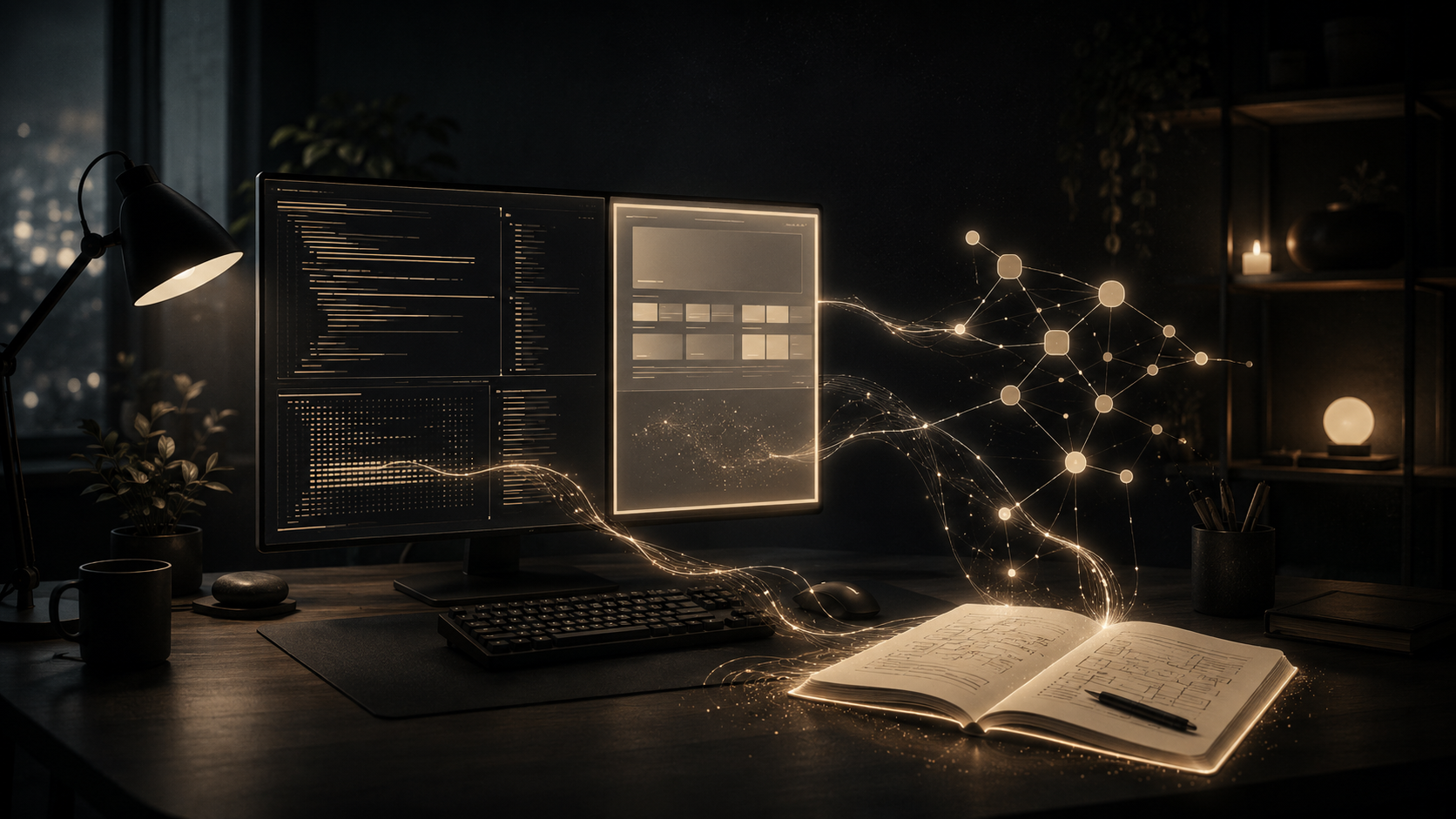 Dark developer workspace with luminous AI context threads