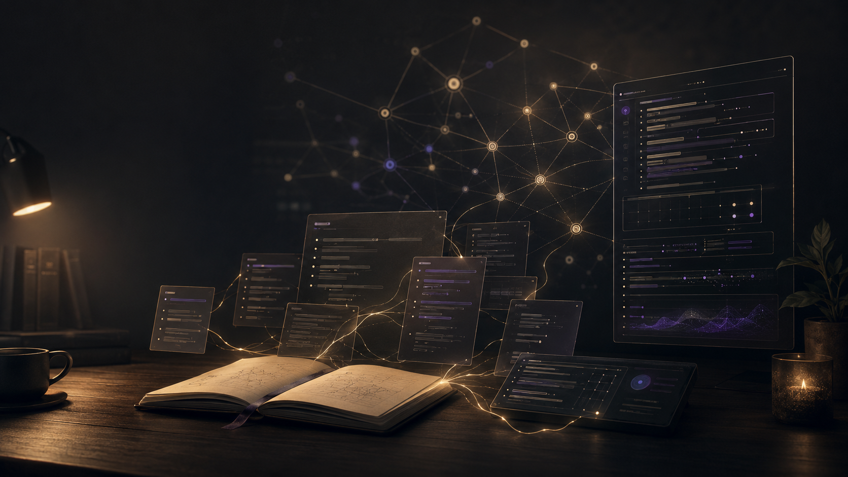 Dark knowledge workspace with linked notes and luminous memory graph
